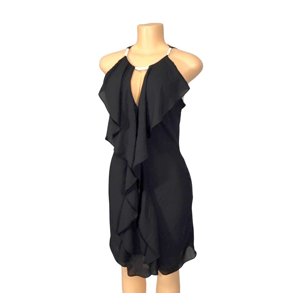 Venus‎ Black  Ruffle Cocktail Dress Rhinestone Accent V-Neck Knee Length Size 6